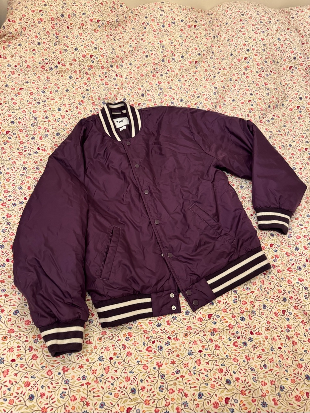 TNA Purple Varsity Bomber Jacket with Black & White Striped Trim